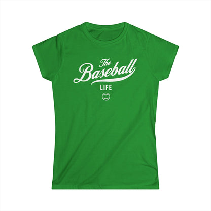 A women's Irish green cap-sleeve crewneck t-shirt with a white logo graphic on the front reading 'The Baseball Life' and a small baseball icon, displayed on a solid white background.