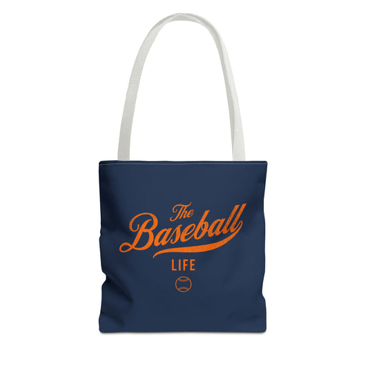 The Baseball Life Tote Bag_Navy w Orange Print