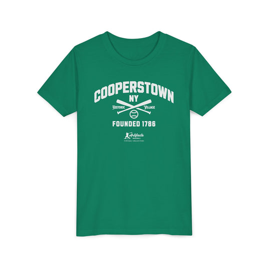 Youth Cooperstown NY White Print_Artifacts Baseball Collection T-Shirt
