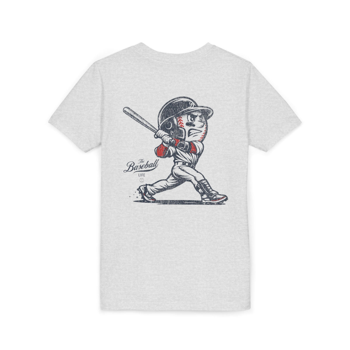 A heather ash grey t-shirt featuring a baseball mascot hitting a home run.