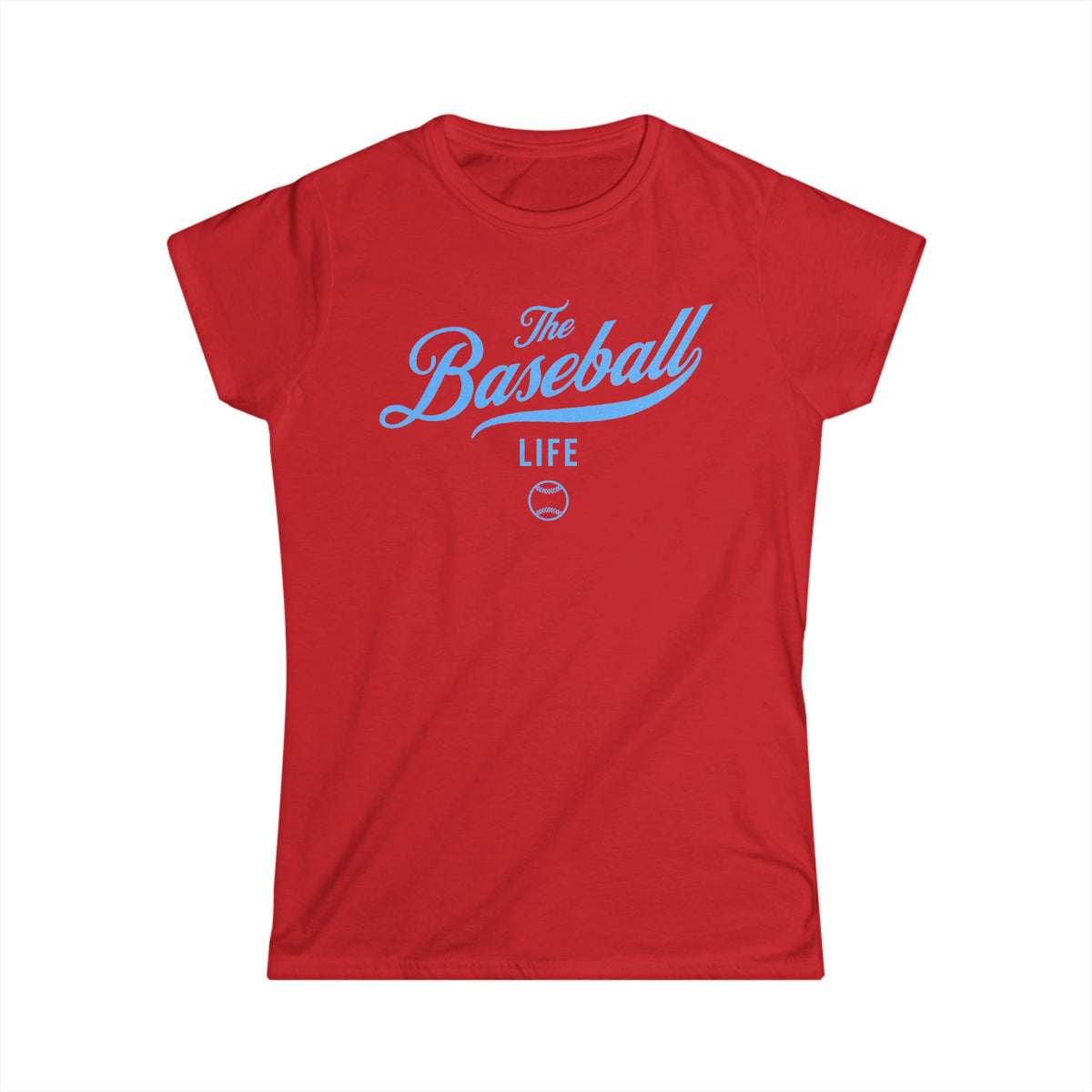 A women's red cap-sleeve crewneck t-shirt with a Carolina Blue logo graphic on the front reading 'The Baseball Life' and a small baseball icon, displayed on a solid white background.