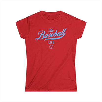 A women's red cap-sleeve crewneck t-shirt with a Carolina Blue logo graphic on the front reading 'The Baseball Life' and a small baseball icon, displayed on a solid white background.