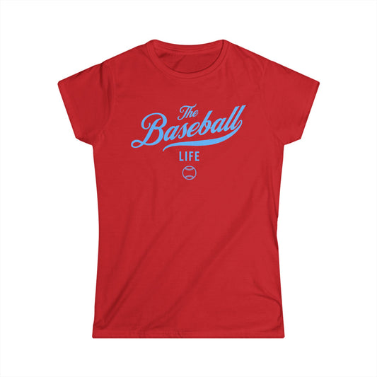 A women's red cap-sleeve crewneck t-shirt with a Carolina Blue logo graphic on the front reading 'The Baseball Life' and a small baseball icon, displayed on a solid white background.