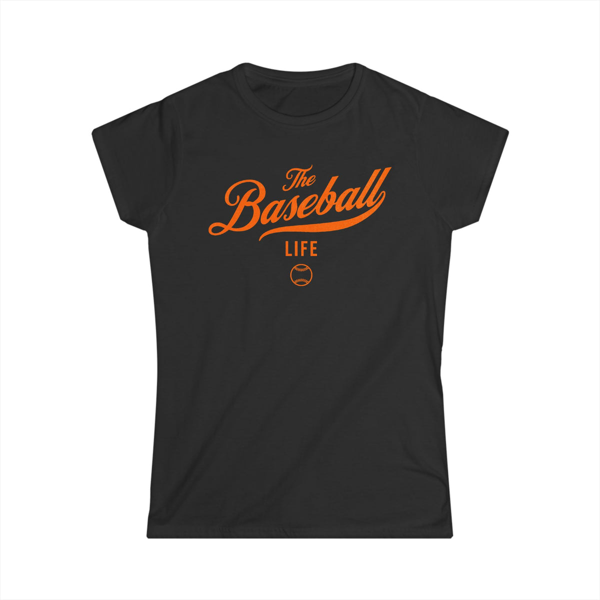 A women's black cap-sleeve t-shirt with an orange The Baseball Life logo printed across the chest.