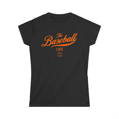 A women's black cap-sleeve t-shirt with an orange The Baseball Life logo printed across the chest.