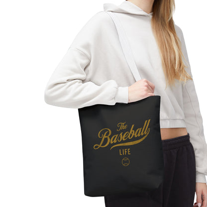 The Baseball Life Tote Bag_Black w Old Gold Print