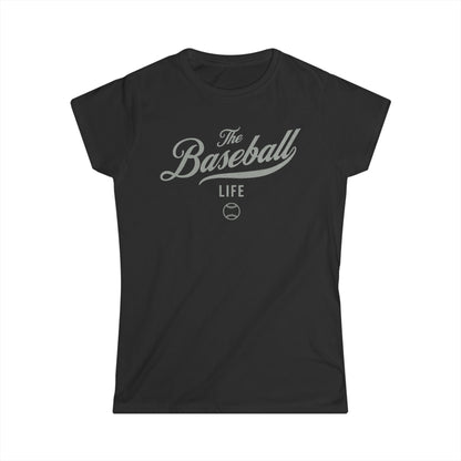 A women's black cap-sleeve t-shirt with a silver gray The Baseball Life logo printed across the chest.