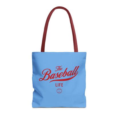 The Baseball Life Tote Bag_Carolina Blue w Red Print