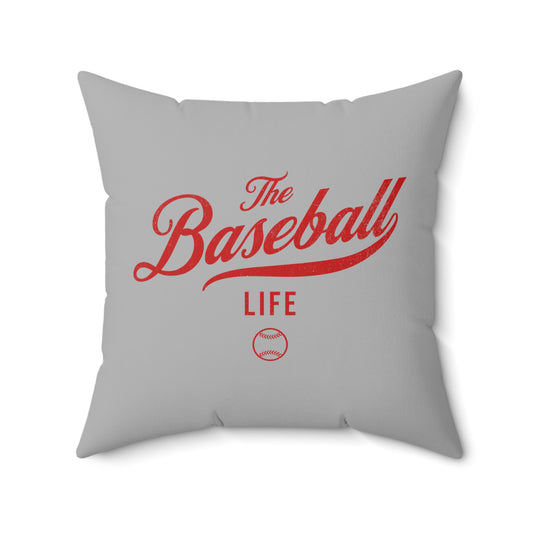 The Baseball Life Accent Pillow_Silver Gray w Red Print