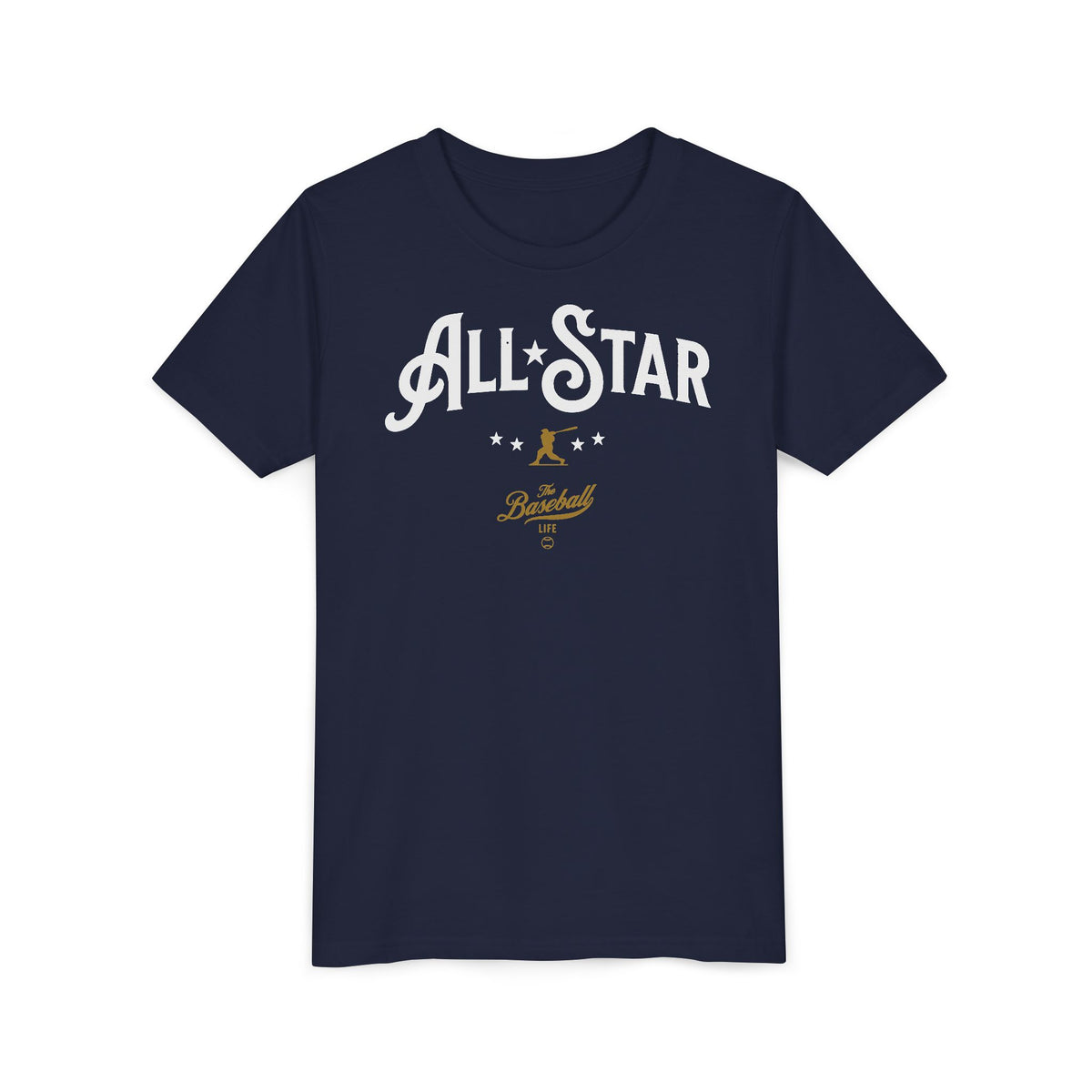 A navy blue t-shirt with All-Star in vintage-style lettering across the chest, with a nostalgic baseball player and stars.
