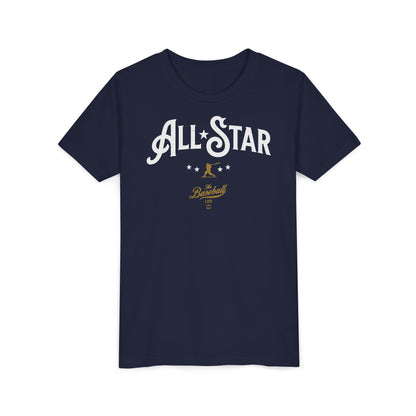 A navy blue t-shirt with All-Star in vintage-style lettering across the chest, with a nostalgic baseball player and stars.