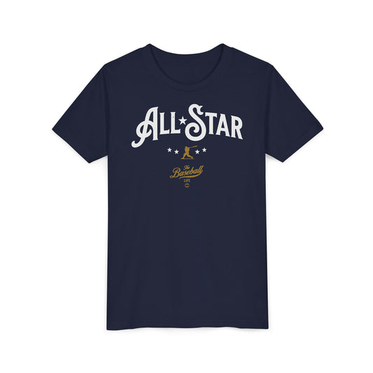 A navy blue t-shirt with All-Star in vintage-style lettering across the chest, with a nostalgic baseball player and stars.