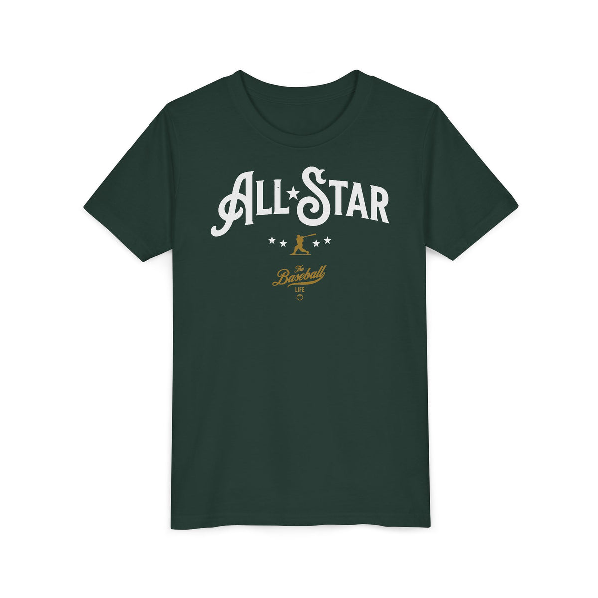 A forest green t-shirt with All-Star in vintage-style lettering across the chest, with a nostalgic baseball player and stars.