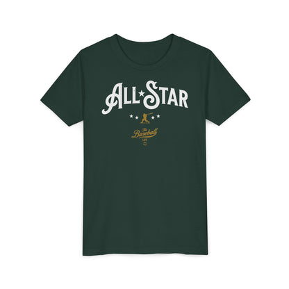 A forest green t-shirt with All-Star in vintage-style lettering across the chest, with a nostalgic baseball player and stars.
