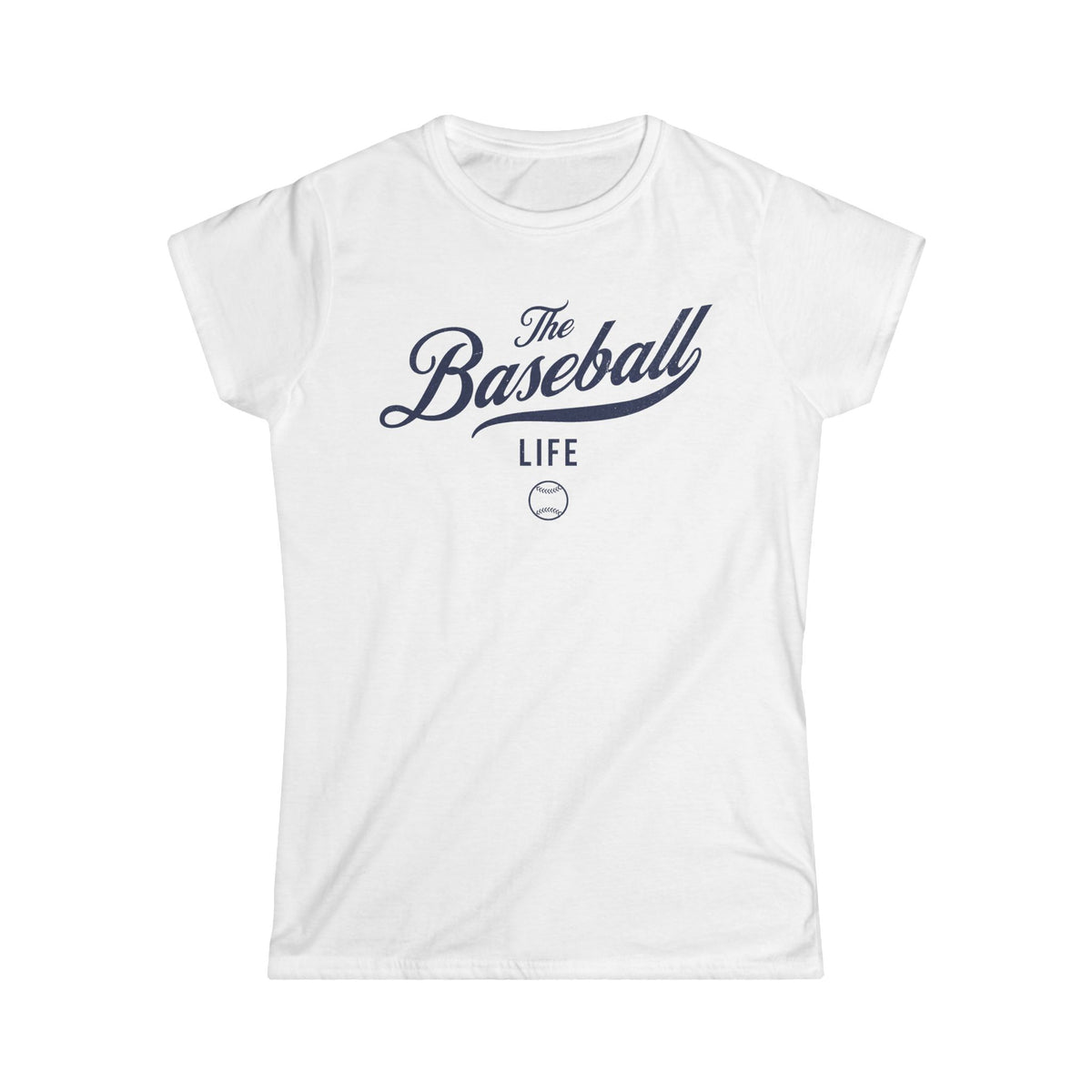 A women's white cap-sleeve t-shirt with a navy blue The Baseball Life logo printed across the chest.