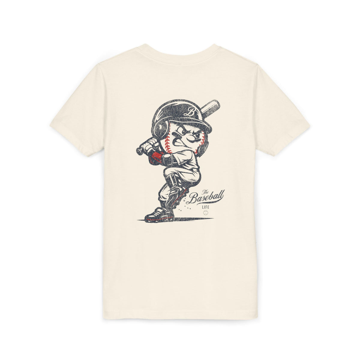 An off-white natural t-shirt with a baseball mascot batting and ready to swing.
