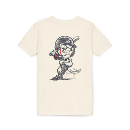 An off-white natural t-shirt with a baseball mascot batting and ready to swing.