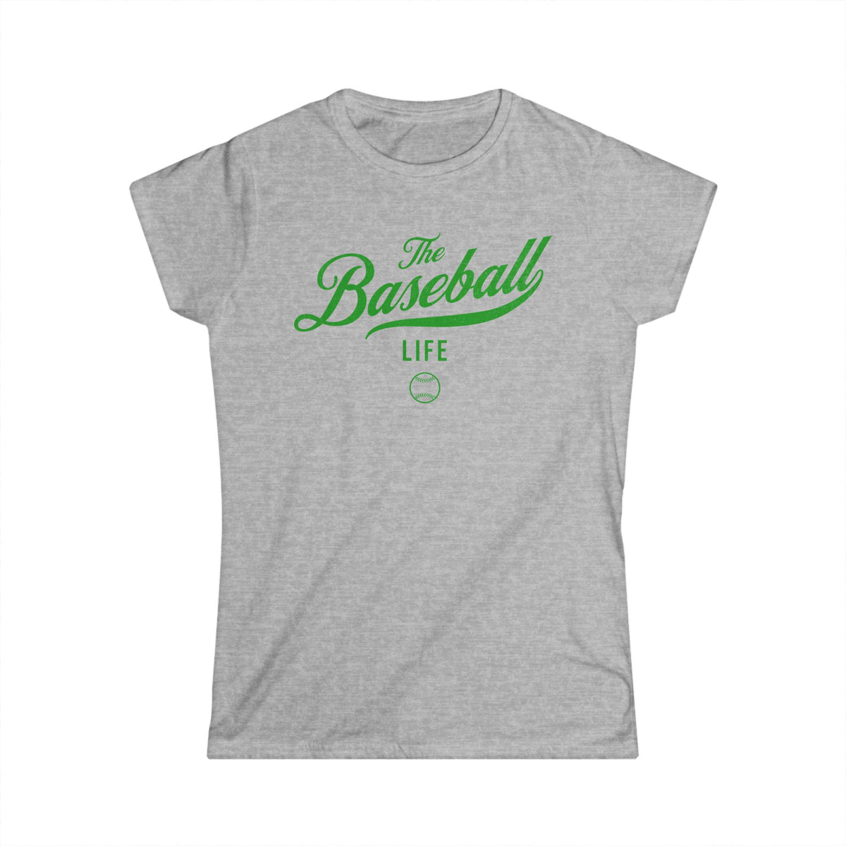 A women's sport grey cap-sleeve t-shirt with a green The Baseball Life logo printed across the chest.