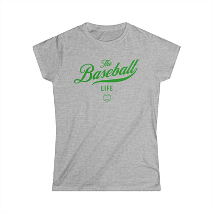 A women's sport grey cap-sleeve t-shirt with a green The Baseball Life logo printed across the chest.