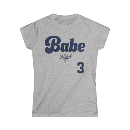 A heather gray short-sleeve t-shirt with a dark navy blue graphic print on the front. The graphic features the word 'Babe' in a large cursive font, 'The Baseball Life' brand logo underneath, and the number '3' on the right side.
