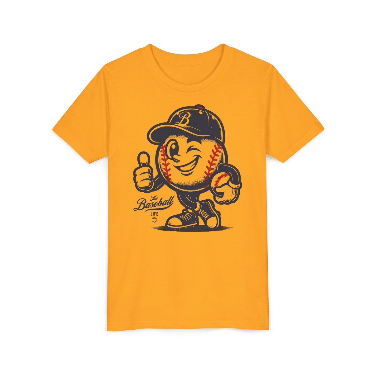A gold t-shirt featuring a vintage cartoon baseball mascot wearing a navy blue baseball cap and giving a thumbs-up.