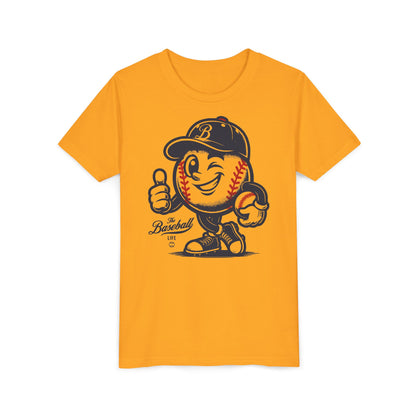 A gold t-shirt featuring a vintage cartoon baseball mascot wearing a navy blue baseball cap and giving a thumbs-up.