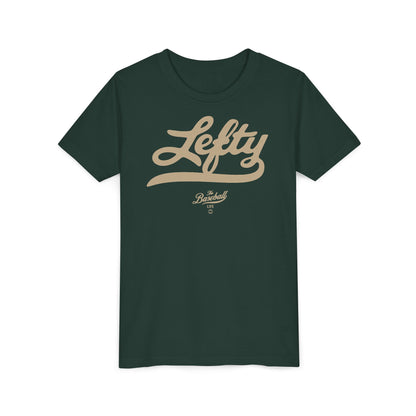 A forest green youth baseball t-shirt with vintage script lettering "Lefty" printed across the chest.