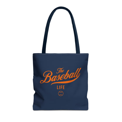 The Baseball Life Tote Bag_Navy w Orange Print