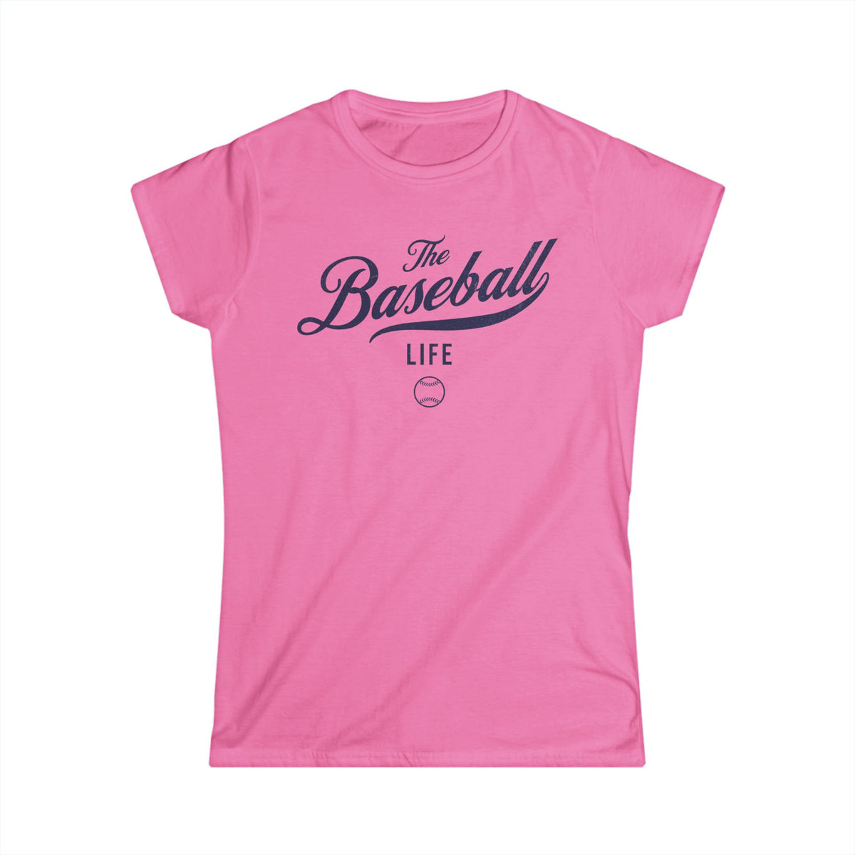A women's azalea pink cap-sleeve t-shirt with a navy blue The Baseball Life logo printed across the chest.