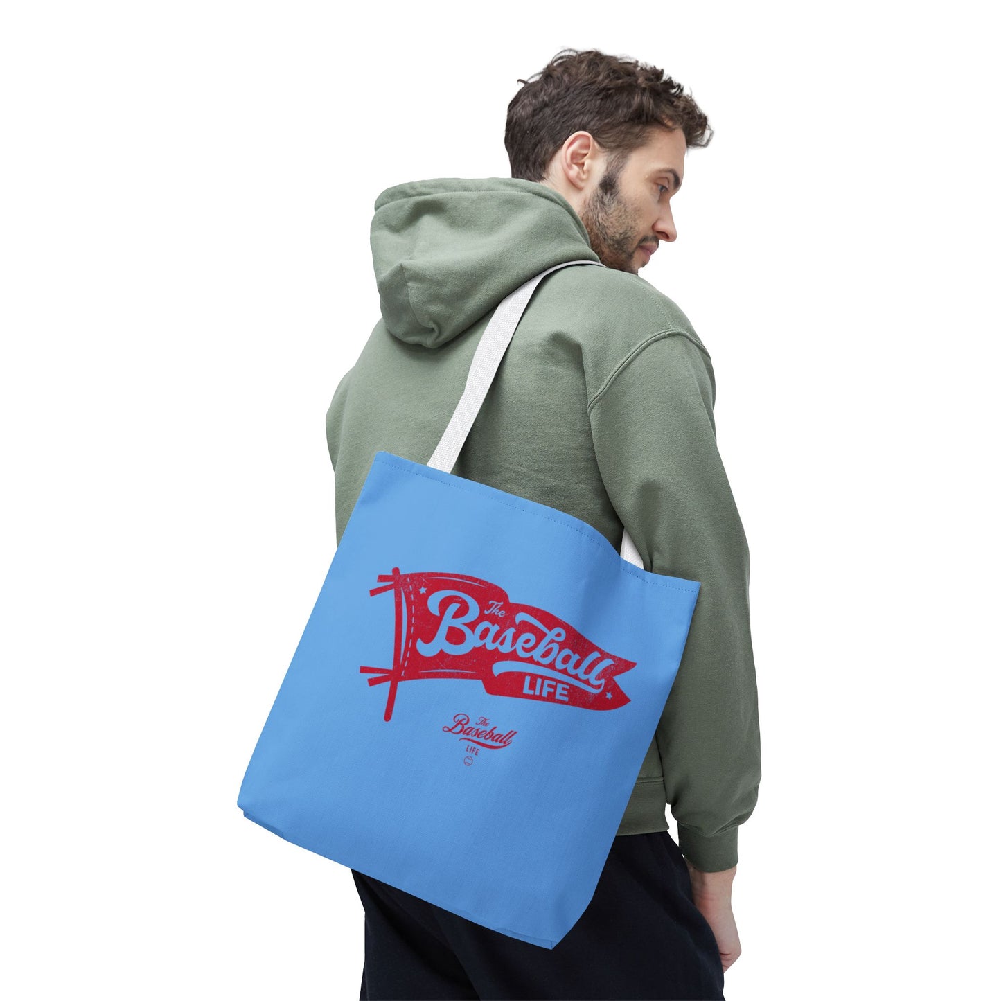 Vintage Pennant Tote Bag_Red Print on Carolina Blue