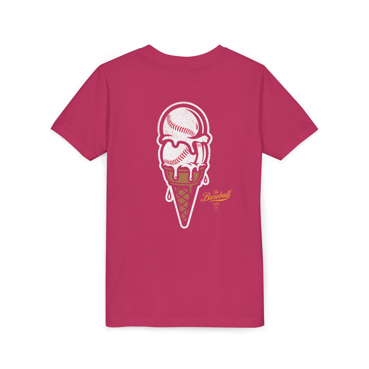 A berry pink t-shirt with a dripping double-scoop ice cream cone made of baseballs.