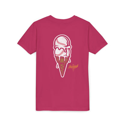 A berry pink t-shirt with a dripping double-scoop ice cream cone made of baseballs.