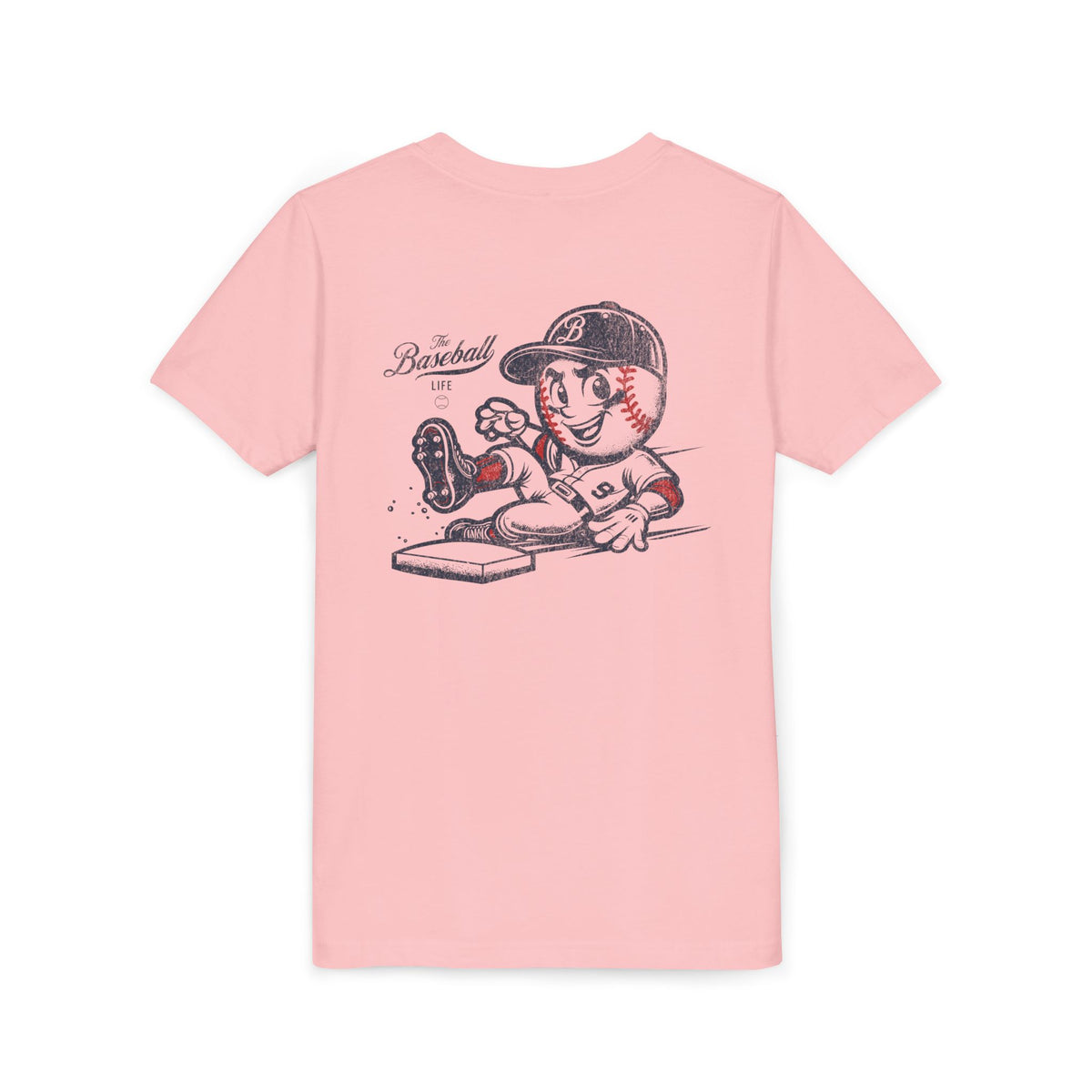A pink t-shirt with a baseball mascot wearing a baseball uniform sliding into a base, kicking up dirt.