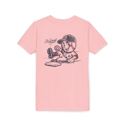A pink t-shirt with a baseball mascot wearing a baseball uniform sliding into a base, kicking up dirt.