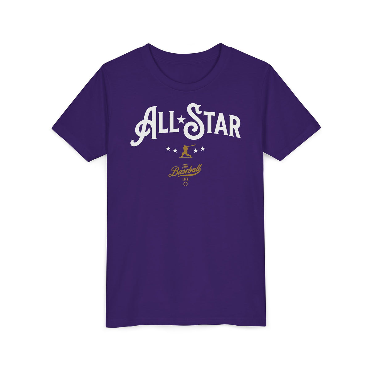 A purple t-shirt with All-Star in vintage-style lettering across the chest, with a nostalgic baseball player and stars.