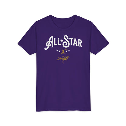 A purple t-shirt with All-Star in vintage-style lettering across the chest, with a nostalgic baseball player and stars.