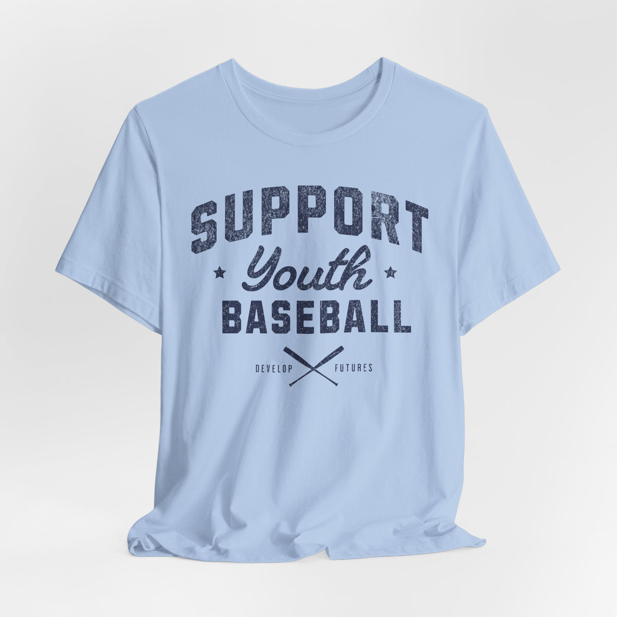A baby blue t-shirt with a distressed navy blue graphic on the front that reads SUPPORT YOUTH BASEBALL with crossed bats.