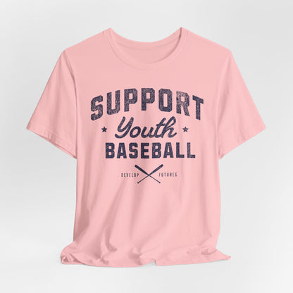 A light pink t-shirt with a distressed navy blue graphic on the front that reads SUPPORT YOUTH BASEBALL with crossed bats.