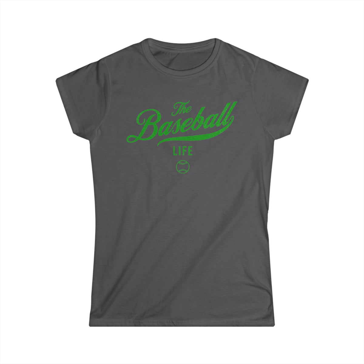A women's charcoal grey cap-sleeve t-shirt with a green The Baseball Life logo printed across the chest.