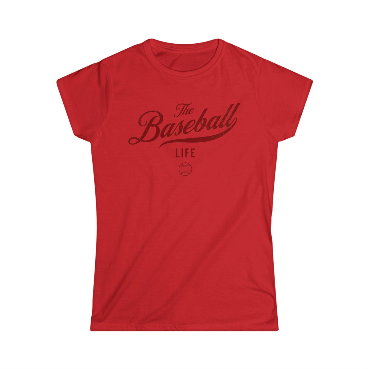 A women's red cap-sleeve crewneck t-shirt with a maroon logo graphic on the front reading 'The Baseball Life' and a small baseball icon, displayed on a solid white background.