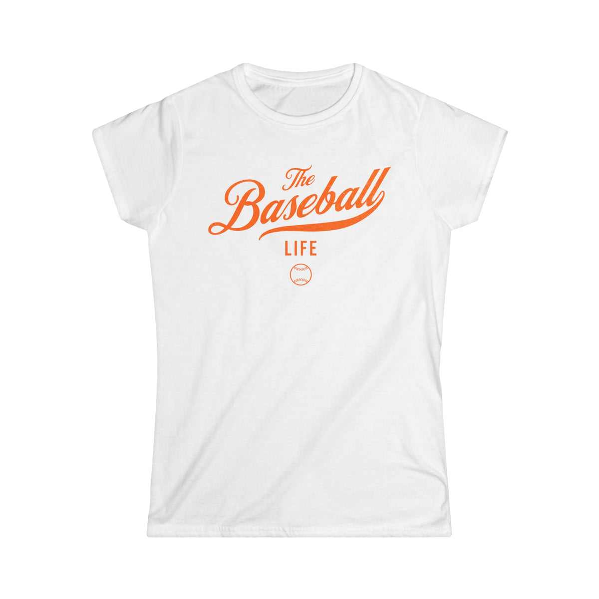 A women's white cap-sleeve t-shirt with an orange The Baseball Life logo printed across the chest.