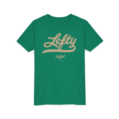 A kelly green youth baseball t-shirt with vintage script lettering "Lefty" printed across the chest.