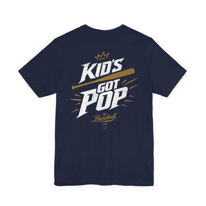 The back of a navy blue baseball t-shirt with the slogan Kid's Got Pop and a baseball bat graphic.