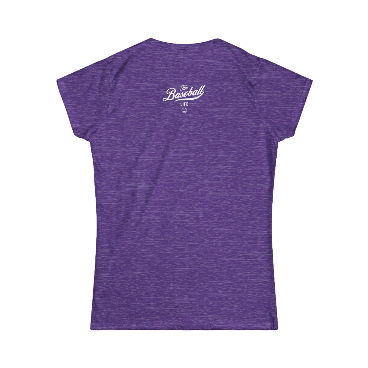 A women's heather purple cap-sleeve crewneck t-shirt shown from the back with a white graphic reading 'The Baseball Life' and a small baseball icon, displayed on a solid white background.